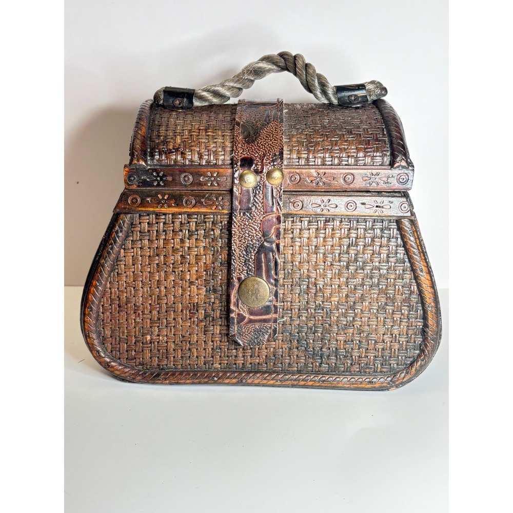 Vintage Wood Wicker Boho Treasure Chest Handbag Rope Handle Snap Clasp
